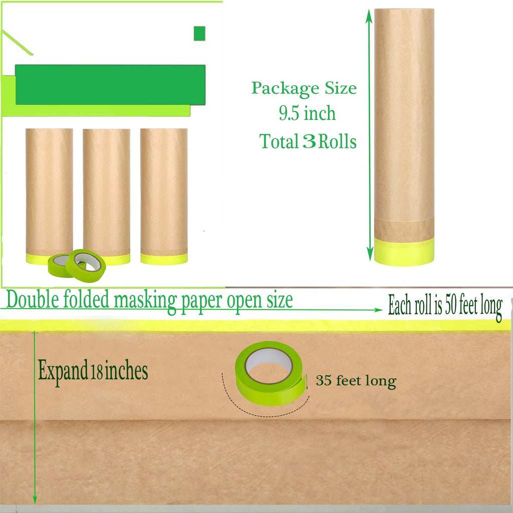 Pre-Taped Masking Paper for Painting-18 inch x 50 feet Tape and Drape for Painting, Painters Paper for Automotive Paint Masking, Floor Protection,Wall Covering