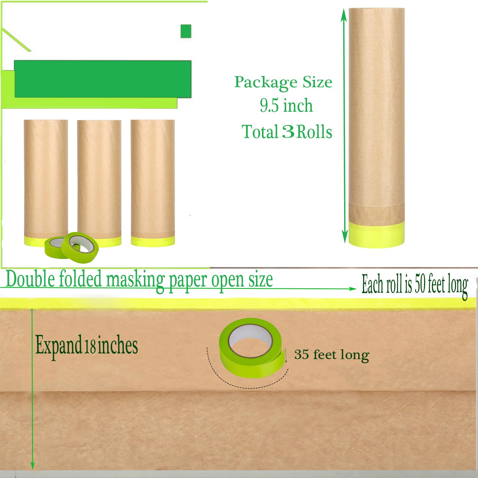 Pre-Taped Masking Paper for Painting-18 inch x 50 feet Tape and Drape for Painting, Painters Paper for Automotive Paint Masking, Floor Protection,Wall Covering