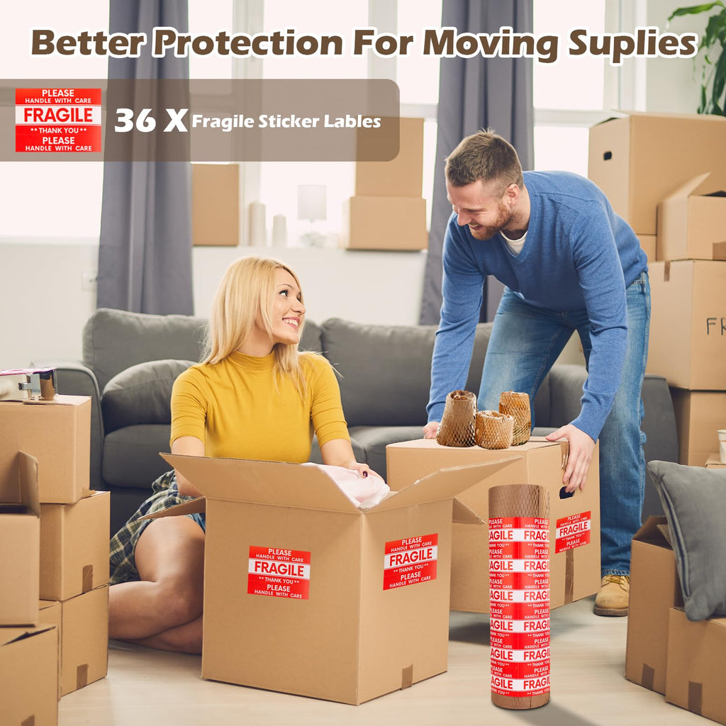 Honeycomb Packing Paper, 15"x230' Recyclable Moving Supplies Bubble Packing Wrap Alternative for Moving Shipping Packaging, Protective Cushioning Wrap Roll with 36 Fragile Sticker Labels