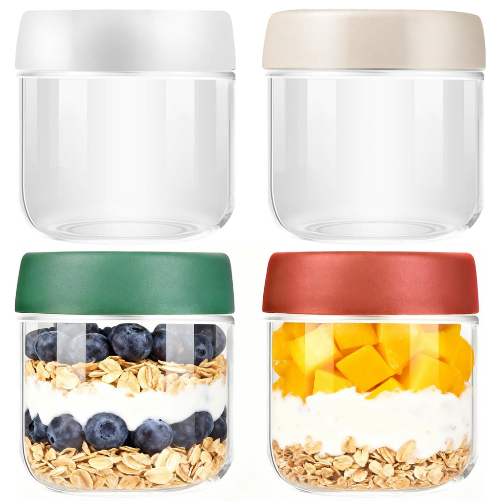 Wide Mouth Mason Jars,4 Pack 10oz Glass Overnight Oats Jar,Reusable Small Glass Jar Overnight Oats Containers with Lids for Fruit, Salad Dressing, Sauce,Cereal,Pasta,Sugar,Beans(300ml)