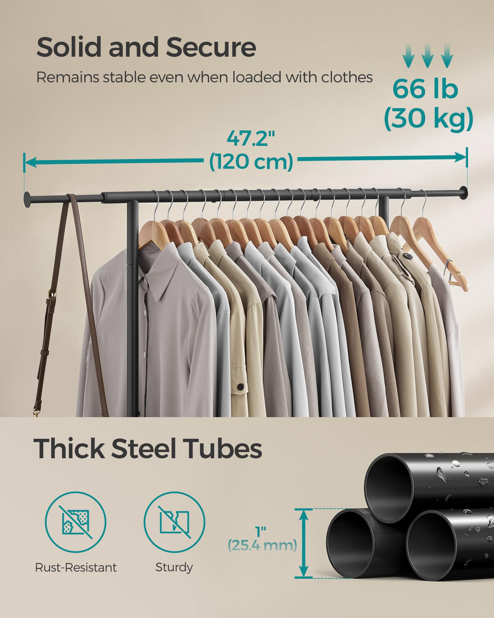 SONGMICS Clothes Rack, Single Clothing Rack, Garment Rack with Extendable Hanging Rails and Wheels, Heavy-Duty Metal Frame, 99 lb Total Max. Load, 32.7-47.2 Inches Wide, Ink Black UHSR134B01