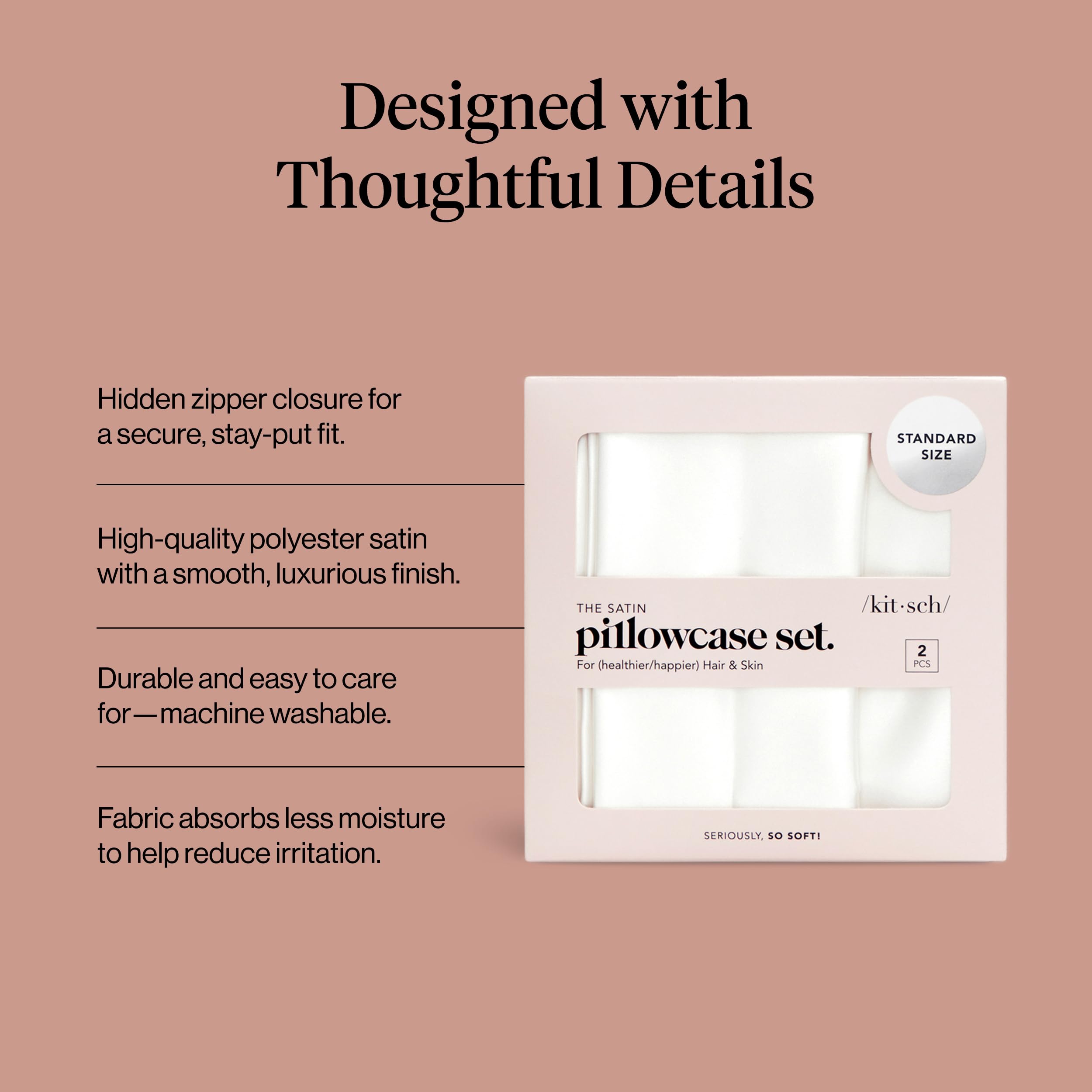 Kitsch Satin Pillowcase with Zipper for Hair & Skin, Softer Than Silk Pillow Cases Queen Size Set of 2, Wrinkle-Free, Smooth and Cooling Satin Pillow Covers, Standard Size 19"x26" - Ivory, 2pcs