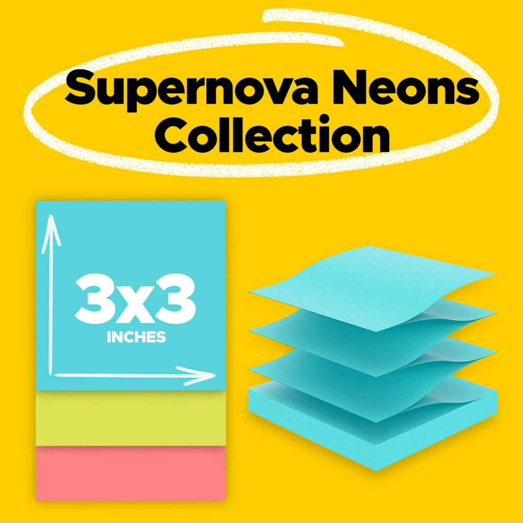 Post-it Super Sticky Dispenser Pop-up Notes, 10 Sticky Note Pads, 3 x 3 in., 2X The Sticking Power, School Supplies and Oﬃce Products, Use with Post-it Note Dispensers, Supernova Neons Collection