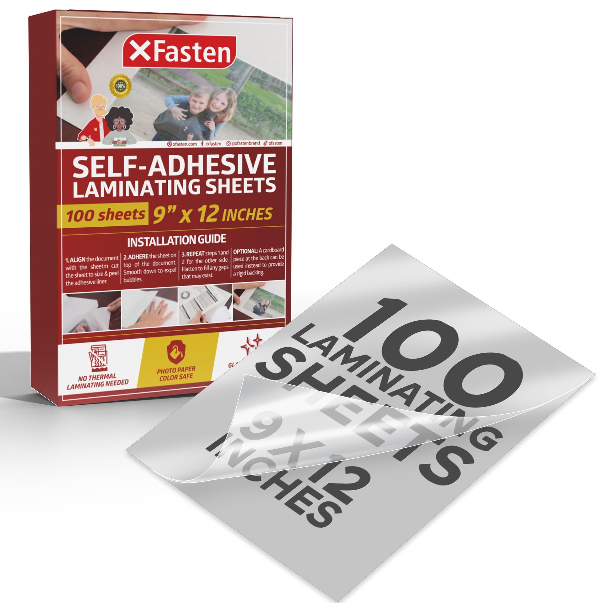 XFasten Self-Adhesive Laminating Sheets, 9 x 12 Inches (100-Pack) Yellowing Resistant Seal Sealing Laminating Sheets Bulk, No Heat Self Laminating Sheets, Clear Sheets