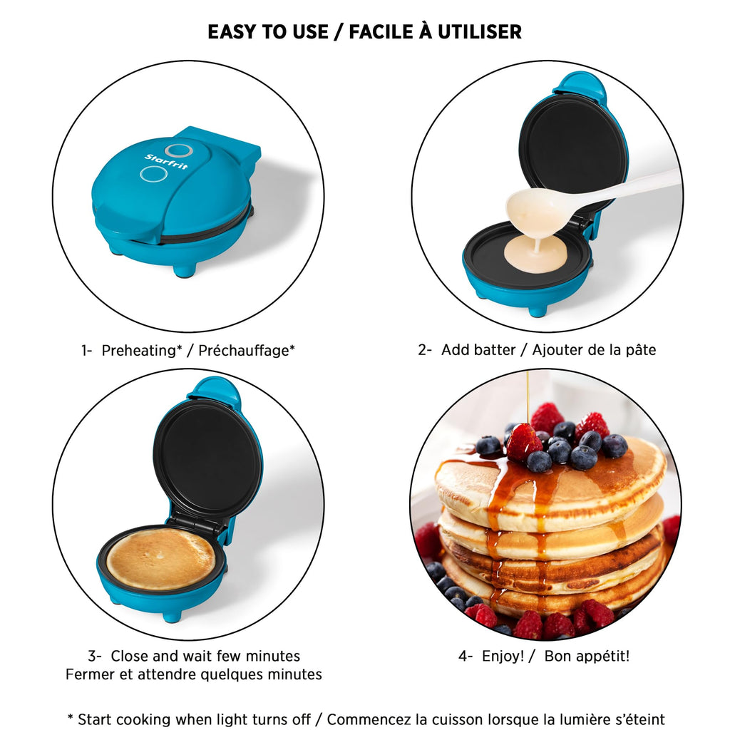 Starfrit Electric Mini Pancake Maker - 4" Non-Stick Cooking Surface - Easy to Use & Clean - Blue - 300W