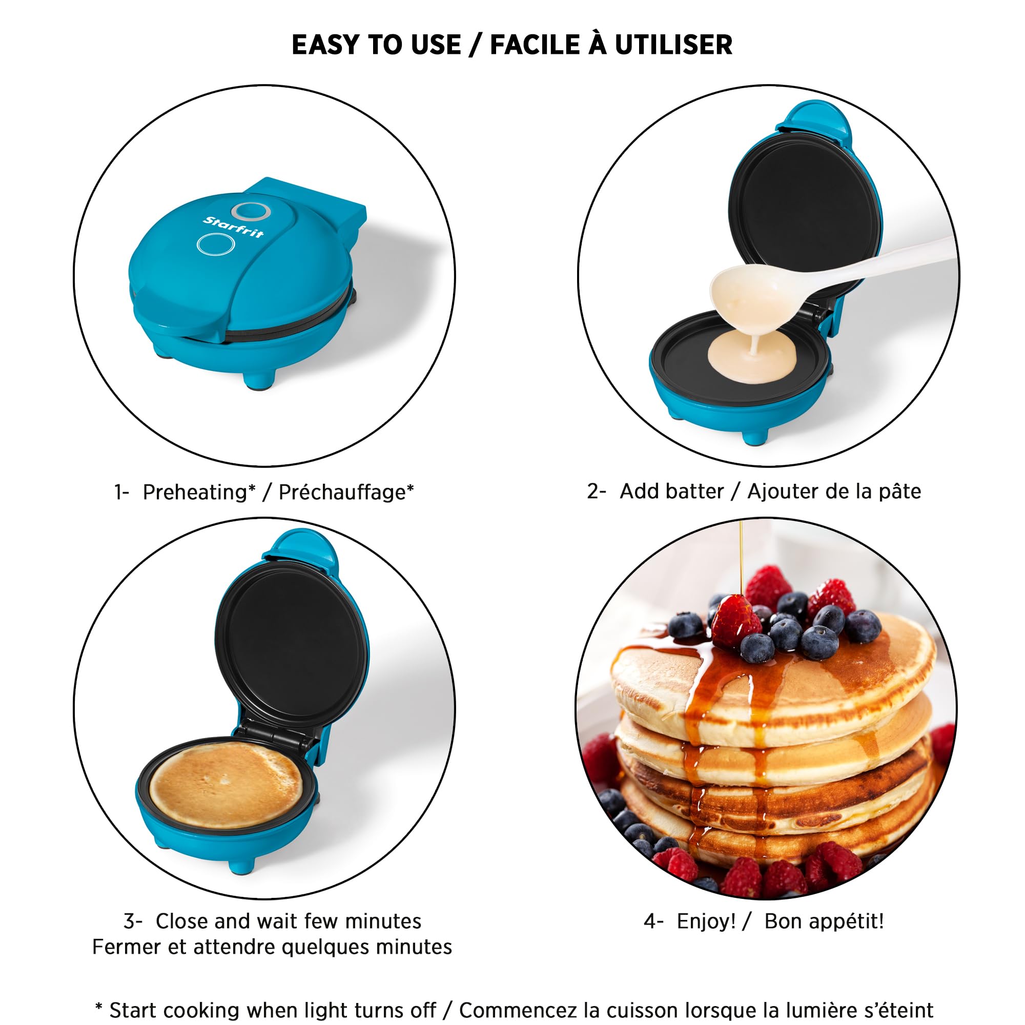 Starfrit Electric Mini Pancake Maker - 4" Non-Stick Cooking Surface - Easy to Use & Clean - Blue - 300W