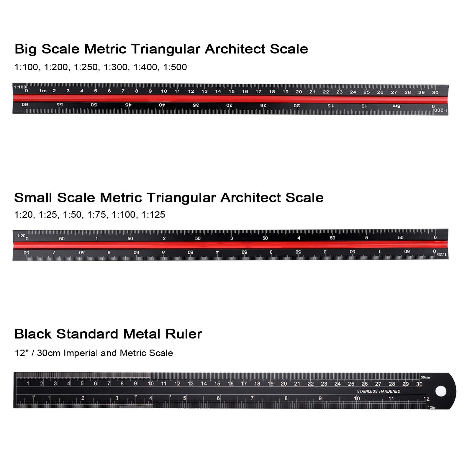 BTSKY 3 Pack 12 Inches Triangular Architectural Engineering Metric Scale Rulers with Standard Metric Conversion Ruler, Aluminum Scale Measuring Ruler Tool,Black with Red,Green,Blue