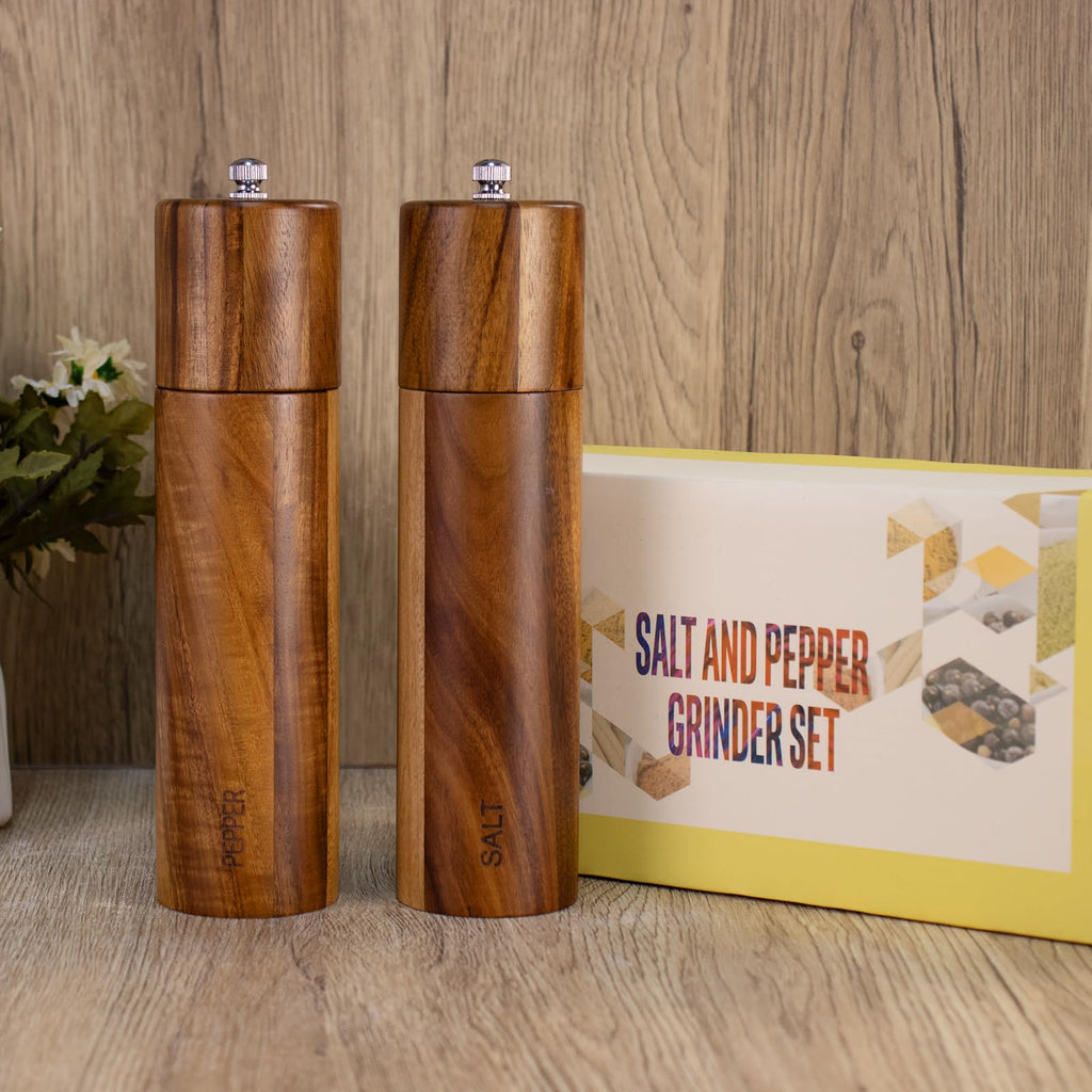 2 Pack Acacia Wooden Salt and Pepper Grinder Set, 8 Inches Refillable Salt and Pepper Mills with Adjustable Coarseness & Ceramic Core, Wood Peppercorn Shaker Salt Grinders Tableware Birthday Gifts