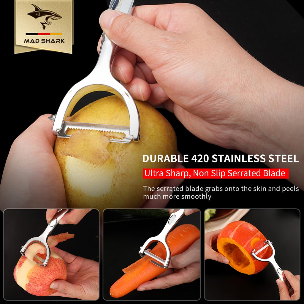 MAD SHARK Ultra Sharp Vegetable Peelers for Kitchen – 10 Years No-Rust Stainless Steel Serrated Potato Peeler Easy to Use Y Peeler with Durable Non-Slip Ergonomic Grips for Carrots, 2pc