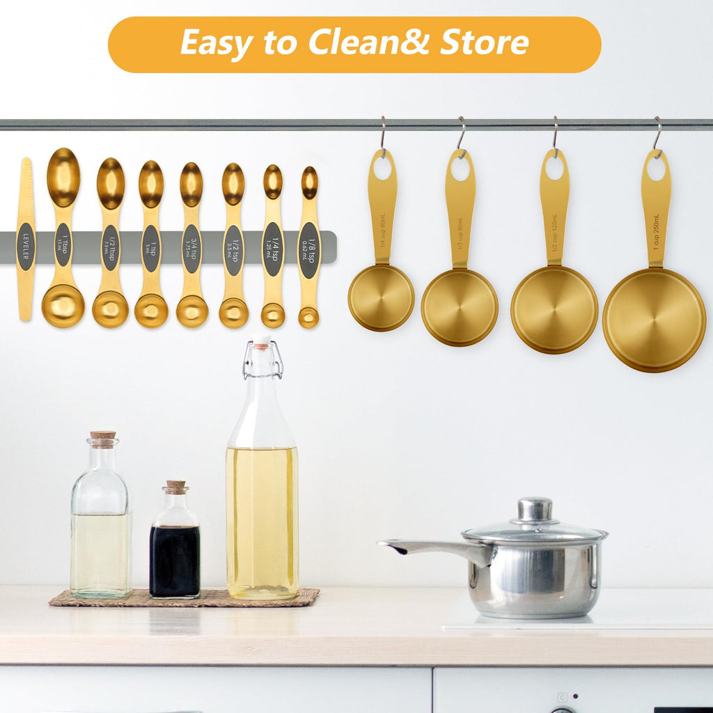 GuDoQi Gold Magnetic Measuring Spoons and Cups Set of 12, 8 Dual Sided Magnetic Measuring Spoons Set with Leveler, 4 Measuring Cups, Premium Stainless Steel, Measuring for Liquid and Dry Ingredients