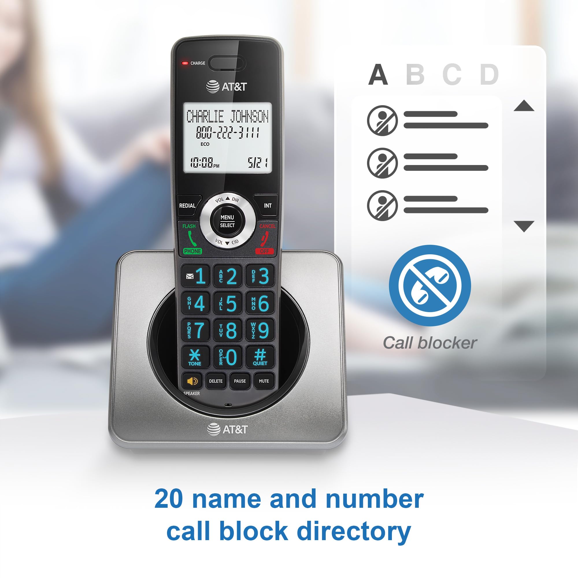 AT&T GL2101 DECT 6.0 Cordless Home Phone with Call Block, Caller ID, Full-Duplex Handset Speakerphone, 2" White Backlit Display, Lighted Keypad (Graphite & Black)