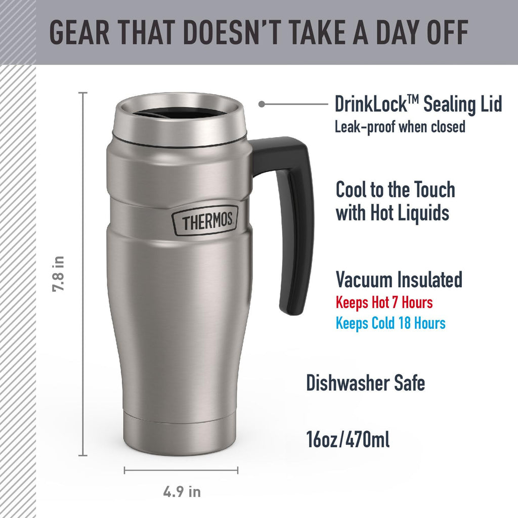 Thermos SK1000MSTRI4 Stainless King 16 Ounce Travel Mug with Handle, Matte Steel, Gray, SK1000MSTRI4, 24 oz