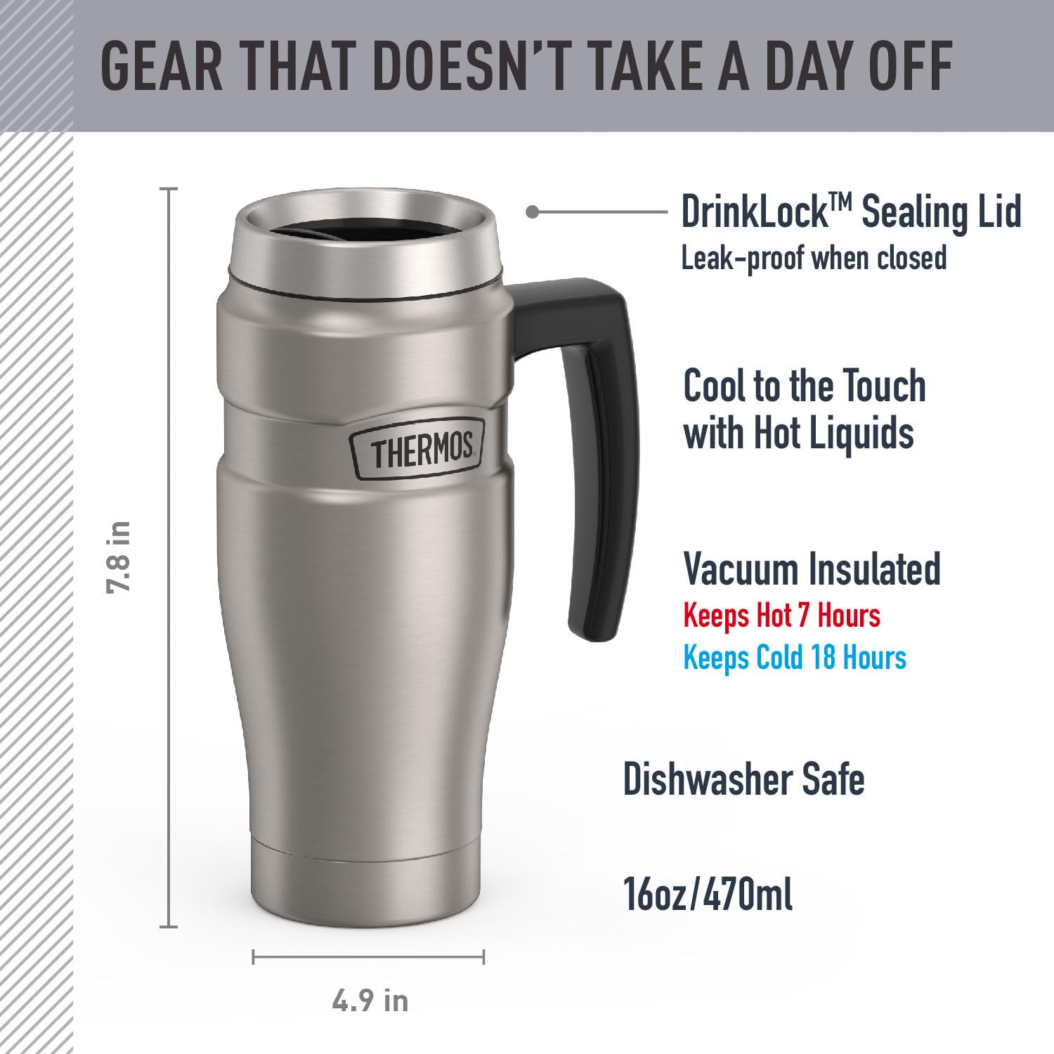 Thermos SK1000MSTRI4 Stainless King 16 Ounce Travel Mug with Handle, Matte Steel, Gray, SK1000MSTRI4, 24 oz