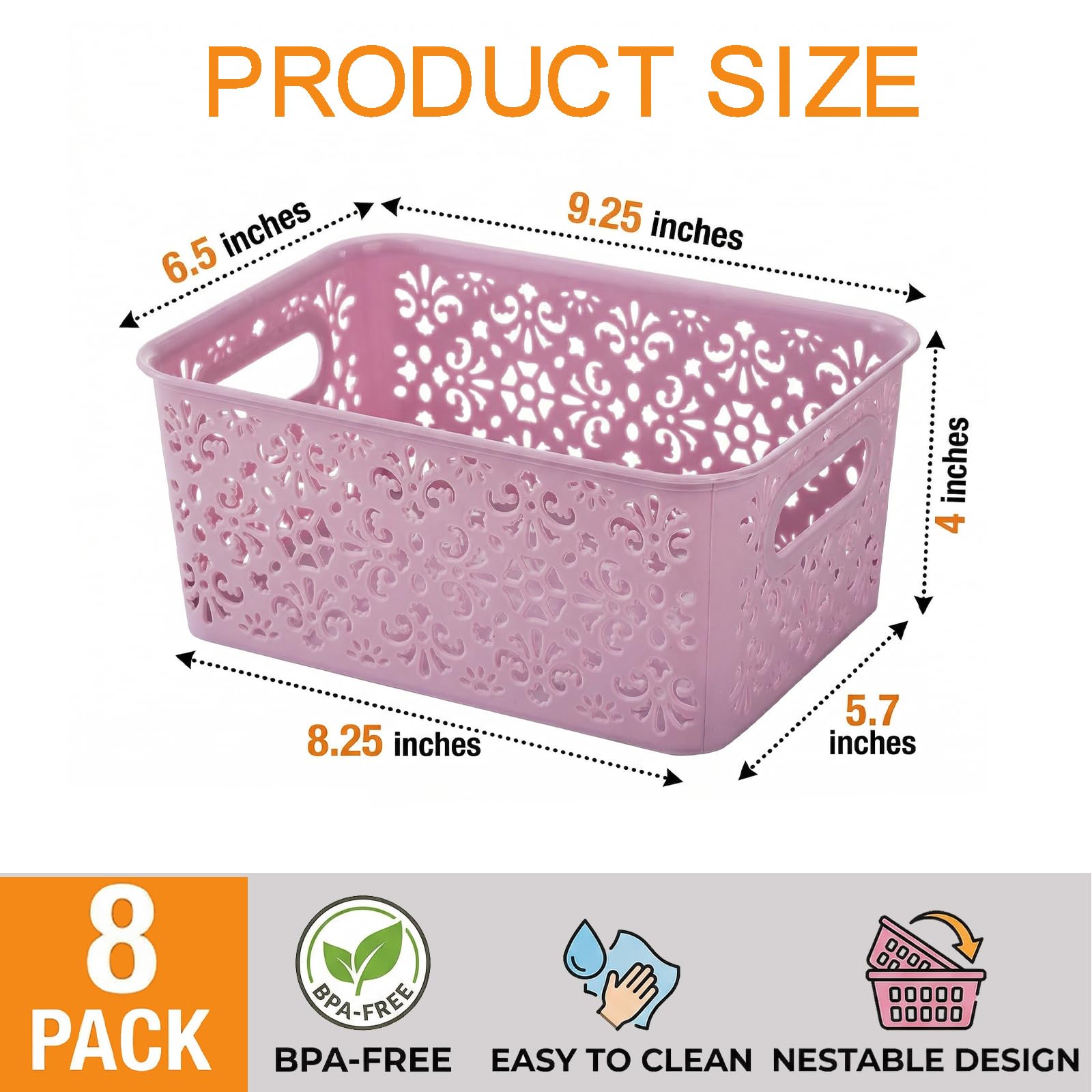 Frcctre 8 Pack Plastic Storage Baskets, Portable Small Pantry Organizer BasketS Bins with Handle, Stackable Household Organizers Nursery Basket for Home, Kitchen Cabinet Countertop Bedroom Bathroom