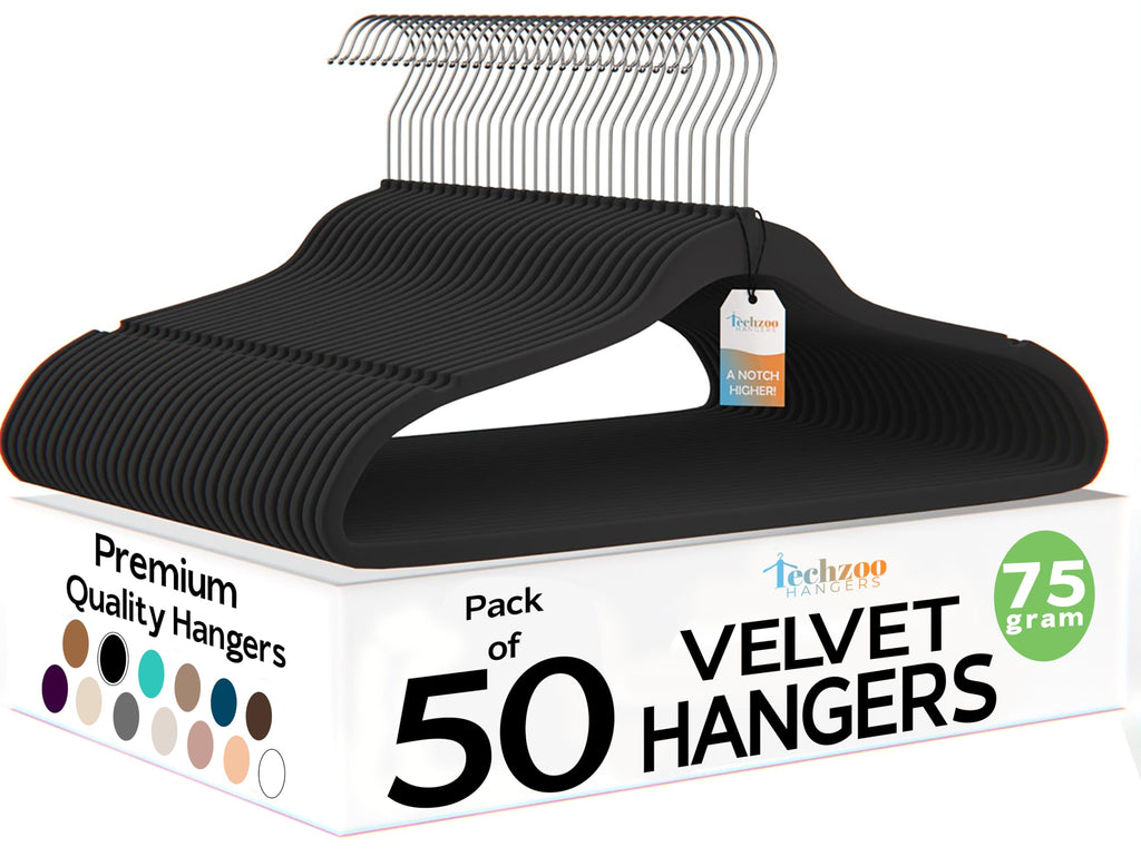 Techzoo Premium Black Velvet Hangers 50 Pack - Space Saving Felt Hanger, Non Slip Clothes Hangers for Closet, Heavy Duty Coat Hanger with 360° Rotatable Hook, Hold Up to 10 lbs