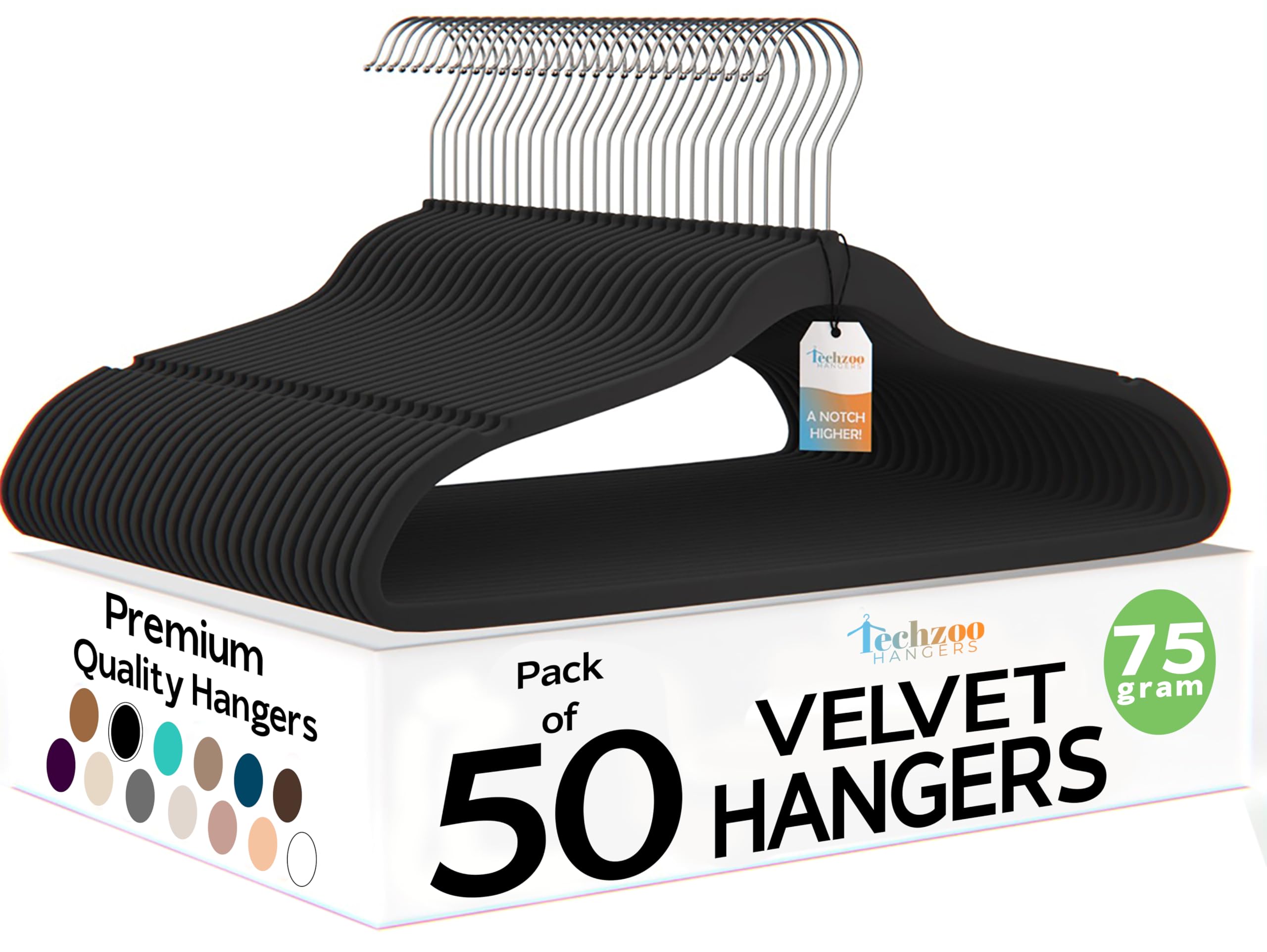 Techzoo Premium Black Velvet Hangers 50 Pack - Space Saving Felt Hanger, Non Slip Clothes Hangers for Closet, Heavy Duty Coat Hanger with 360° Rotatable Hook, Hold Up to 10 lbs