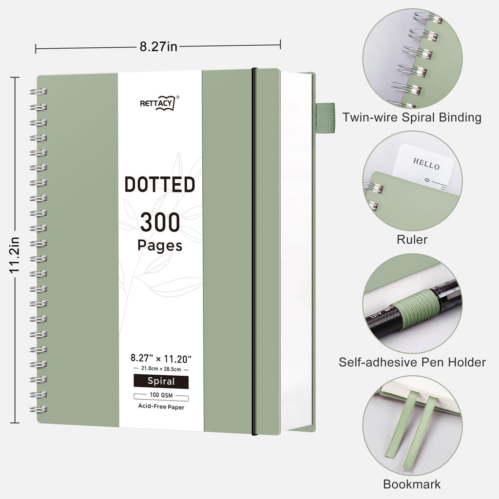 RETTACY Dotted Journal Notebook, 300 Pages, A4 Large Size (21 x 28 cm), 100 GSM Thick Paper, Flexible Plastic Cover, Spiral-bound, for Journaling, Planning, Tracking (Light Green)