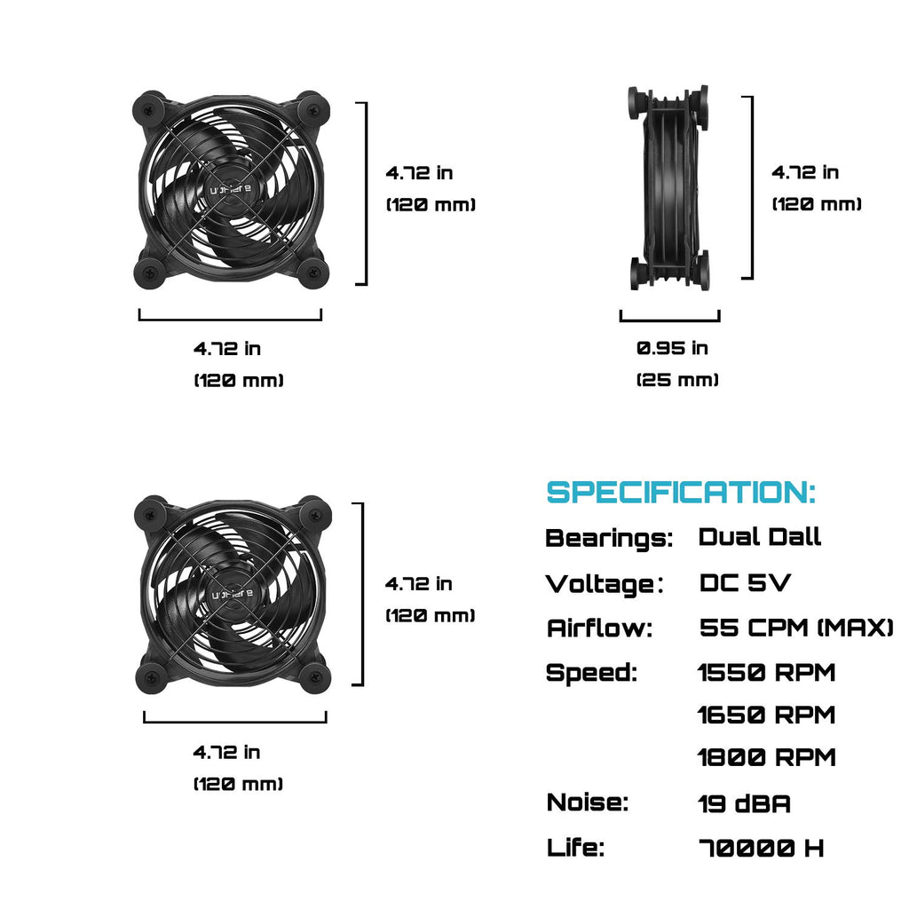 upHere USB Computer Fan Black,Dual 120mm Fan,3 Adjustable Speeds Silent Fan for Computer Cases Computer Cabinet PlayStation Xbox Cooling,U1204