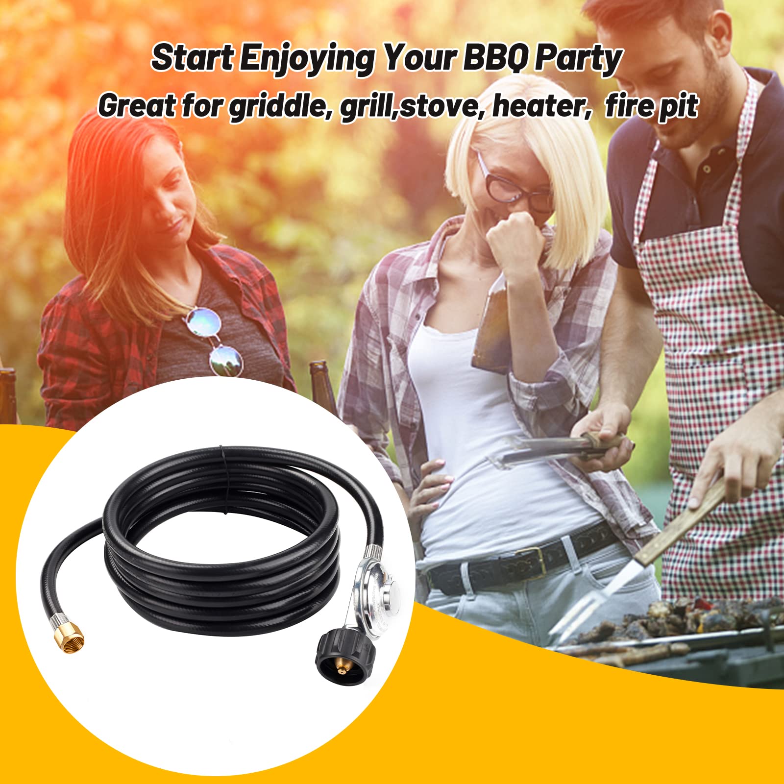 Bbcuepro 12FT Universal Low Pressure Propane Regulator and Hose - Propane Hose with Regulator for Gas Grill, Patio Heater, Fire Pit and More - 3/8 Inch Female Flare