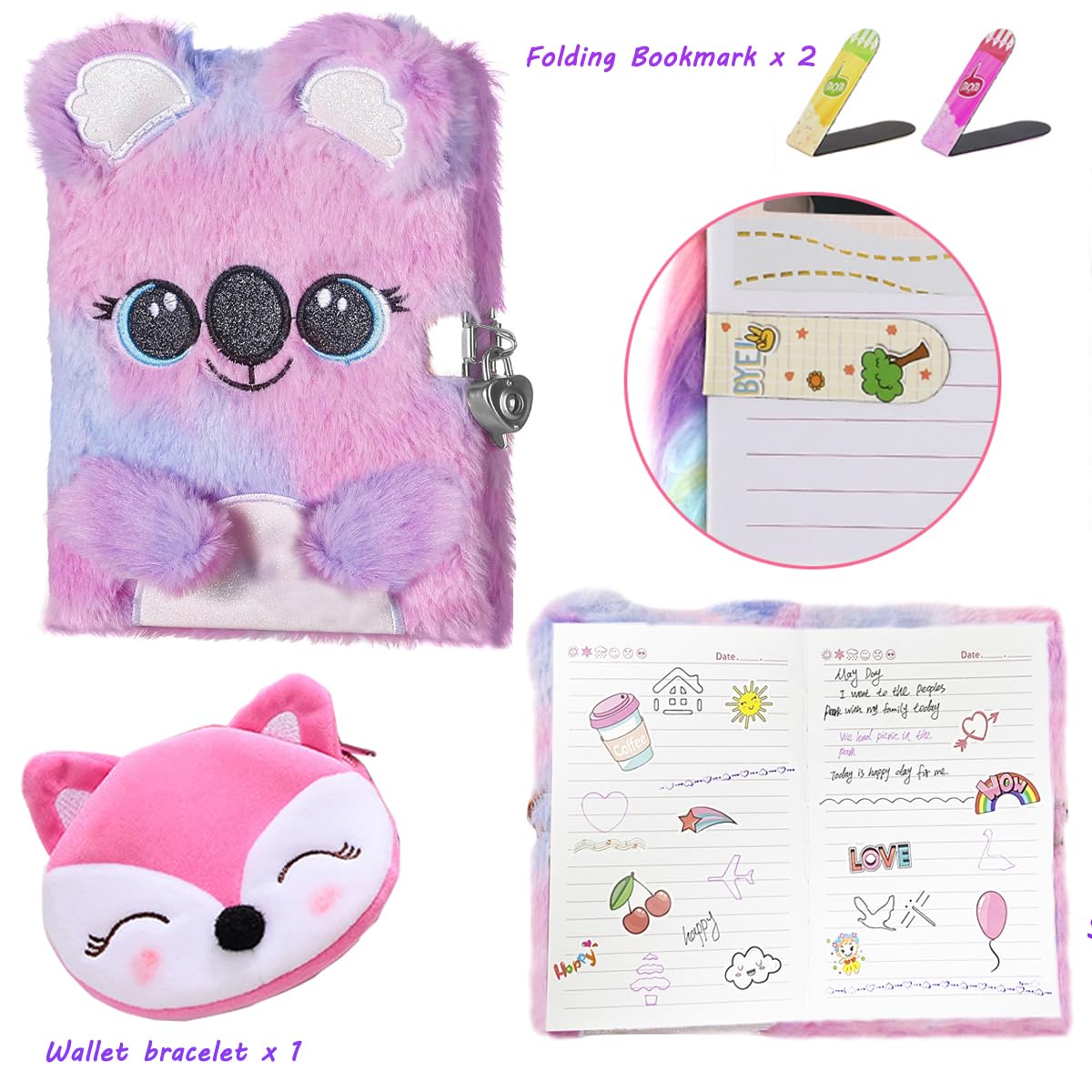 Girls Diary with Lock,Gifts for 7 8 9 10 11 12 Year Old Girls Journal for Kids with Bookmarks Sticky Notes Pom Pom Pen Notebook for Writing and Drawing