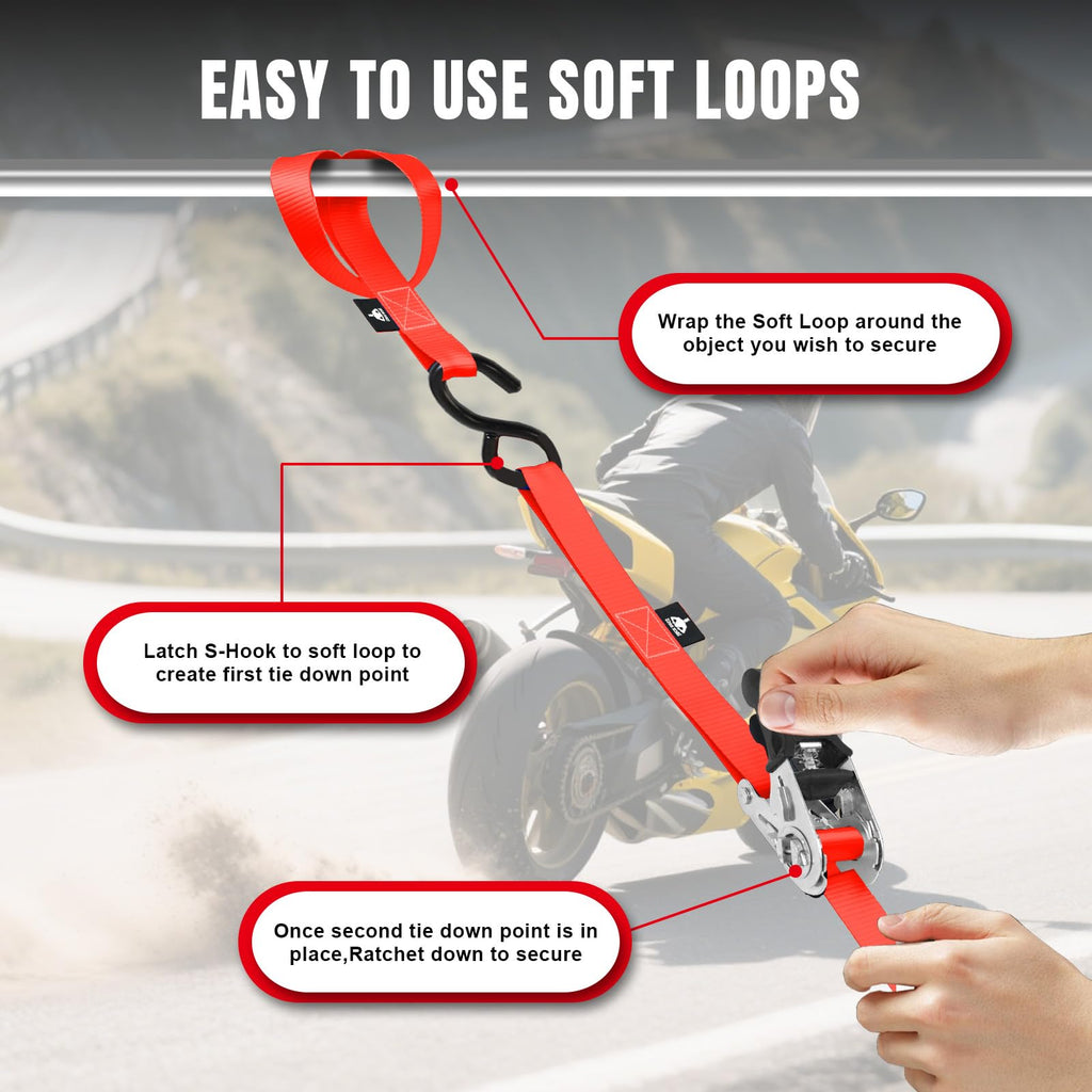 Jack Boss Ratchet Tie Down Straps Set, 1500 lbs Break Strength, 1" x 15' Heavy Duty Ratchet Straps with 4X Soft Loops Padded Handles Coated S Hook, Fits for Moving Appliances Motorcycle, Red