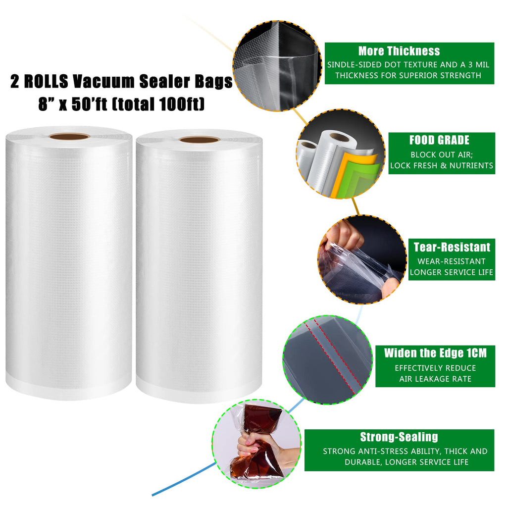 Vacuum Sealer Bags 8" x 50' 2 Rolls (Total 100ft) Commercial Grade Food Saver Bags Seal a Meal BPA Free Heavy Duty Great for Vac Storage Meal Prep or Sous Vide
