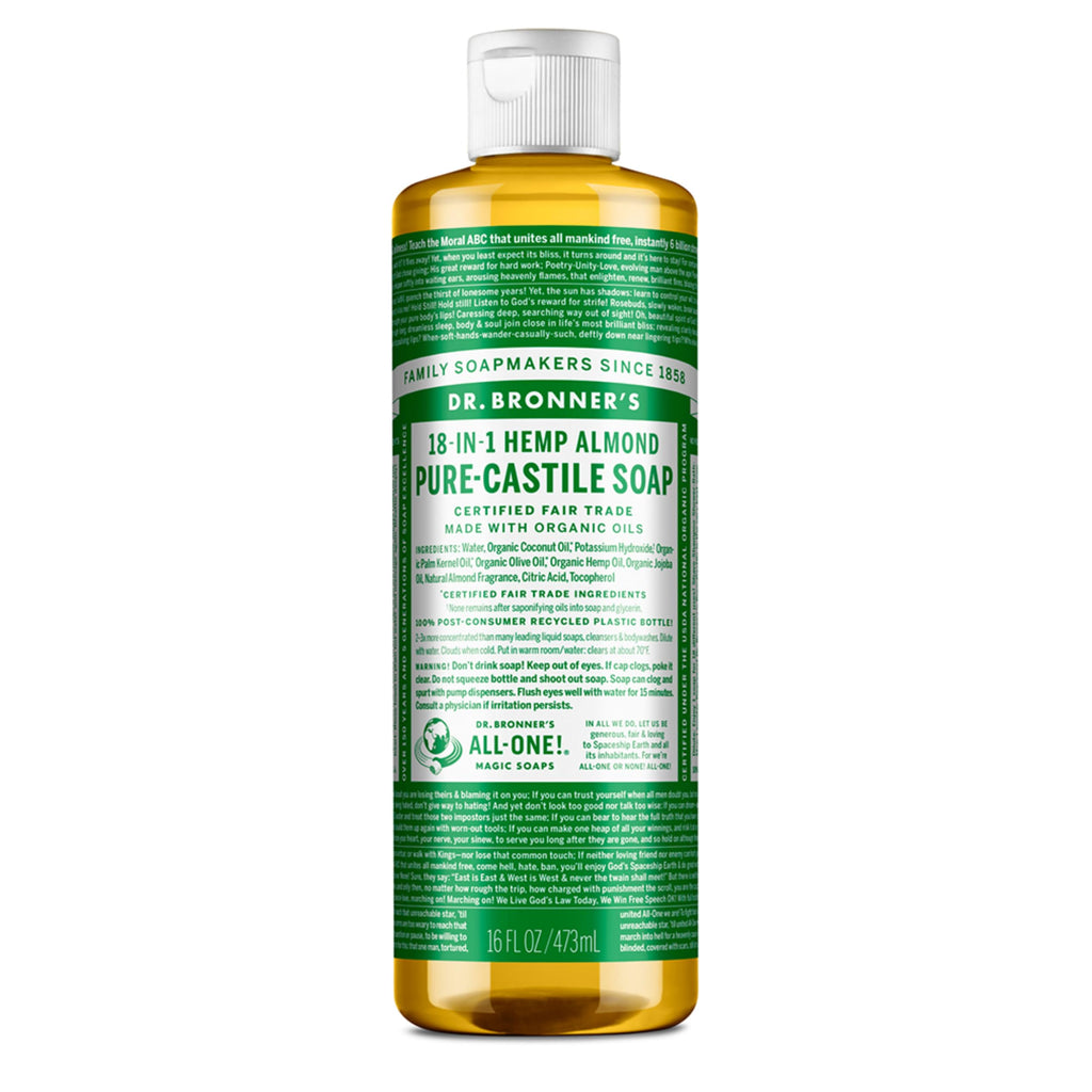 Dr. Bronner’s - Pure-Castile Liquid Soap (Almond, 473 mL) - Made with Organic Oils, 18-in-1 Uses: Face, Body, Hair, Laundry, Pets and Dishes, Concentrated, Vegan, Non-GMO