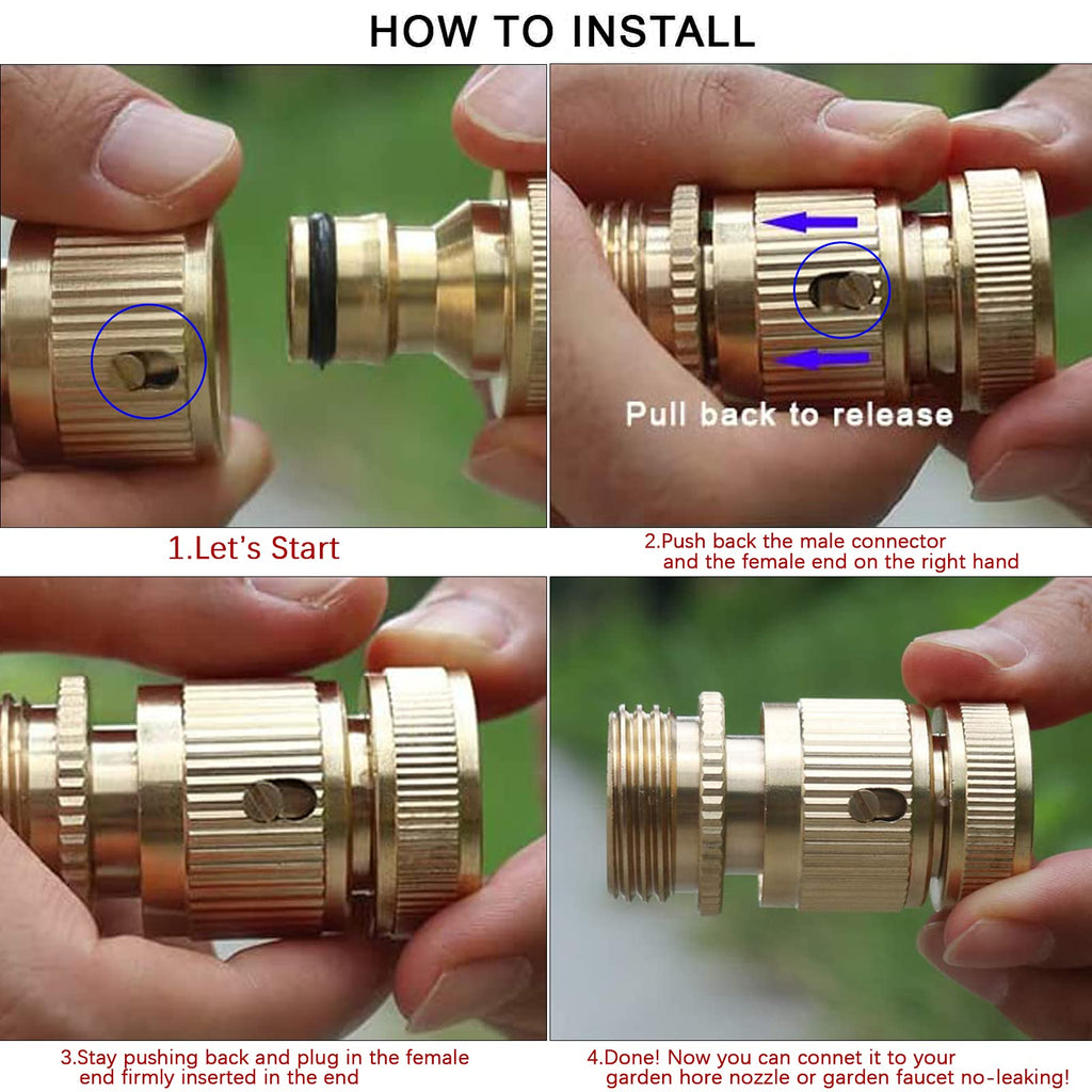 Garden Hose Quick Connectors, Solid Brass 3/4 inch GHT Thread Easy Connect Fittings No-Leak Water Hose Male Female Value Pack (5 Set) with 10pcs Extra Rubber