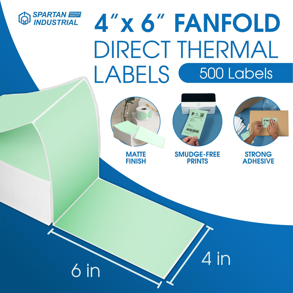 Spartan Industrial Direct Thermal 4" X 6" Fanfold Green Shipping Labels | (500 Total 4x6 Fan-fold Labels) | Compatible with Rollo, Munbyn, Zebra Thermal Printers | Commercial Grade and Professional