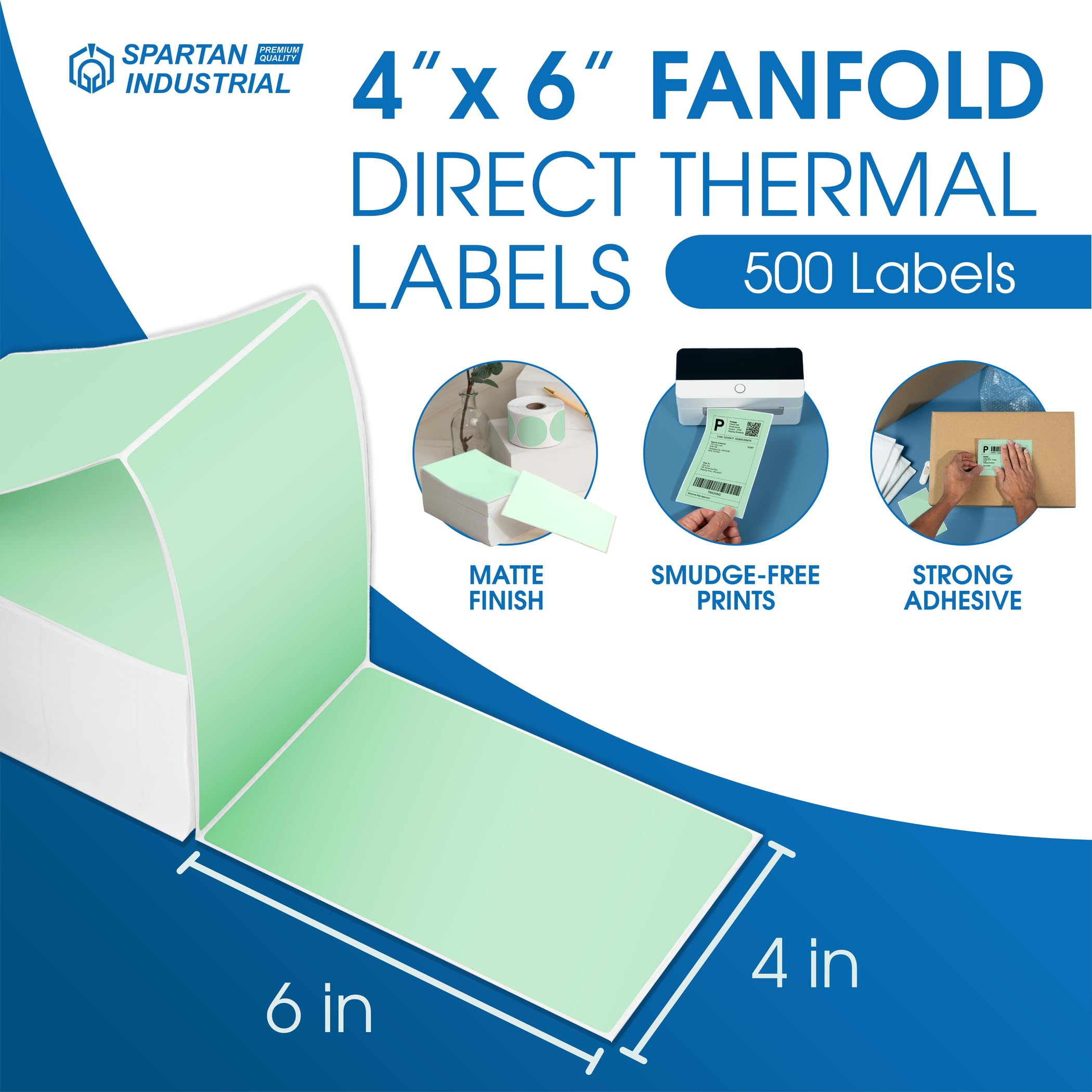 Spartan Industrial Direct Thermal 4" X 6" Fanfold Green Shipping Labels | (500 Total 4x6 Fan-fold Labels) | Compatible with Rollo, Munbyn, Zebra Thermal Printers | Commercial Grade and Professional