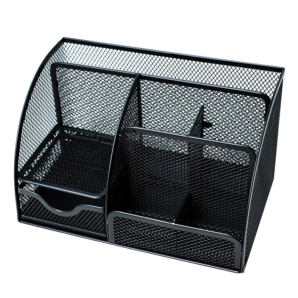 Desk Organizer with Drawer and Multi-Compartment Design for Office Supplies, Cosmetics, and Home Accessories-Steel Mesh