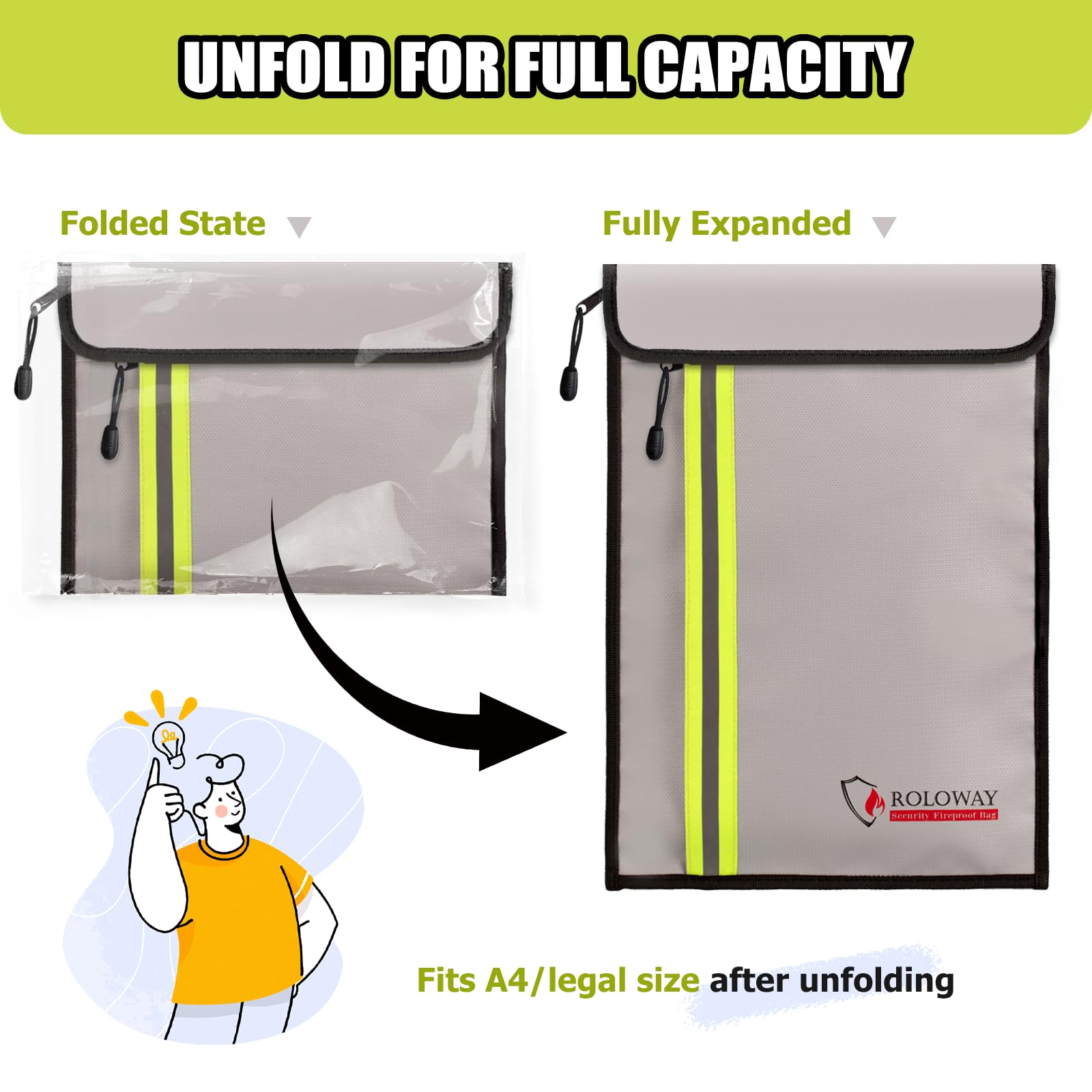ROLOWAY Fireproof Document Bag (15 x 11 inch) with 2 Pockets, Fire Safe Envelope Bag for Cash, Legal Documents (Silver)