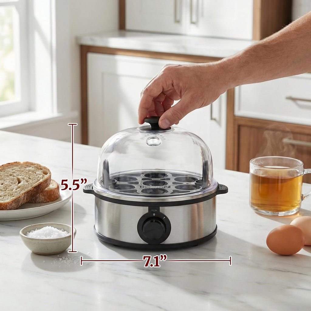 Elite Gourmet EGC648 Rapid Egg Cooker, 7 Easy-To-Peel, Hard, Medium, Soft Boiled Eggs, Poacher, Omelet Maker, Auto Shut-Off, Alarm, 16-Recipe Booklet, BPA-Free, Stainless Steel