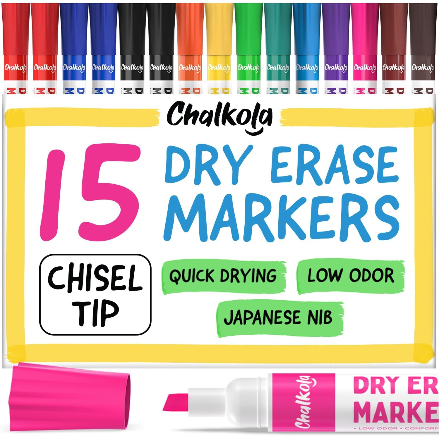 Chalkola Dry Erase Markers Chisel Tip (15 Pack, 12 Colors) | Dry Erase Pens - Non toxic, Low odor Whiteboard Markers for Kids, Teachers, Office, School, Classroom Supplies & Accessories