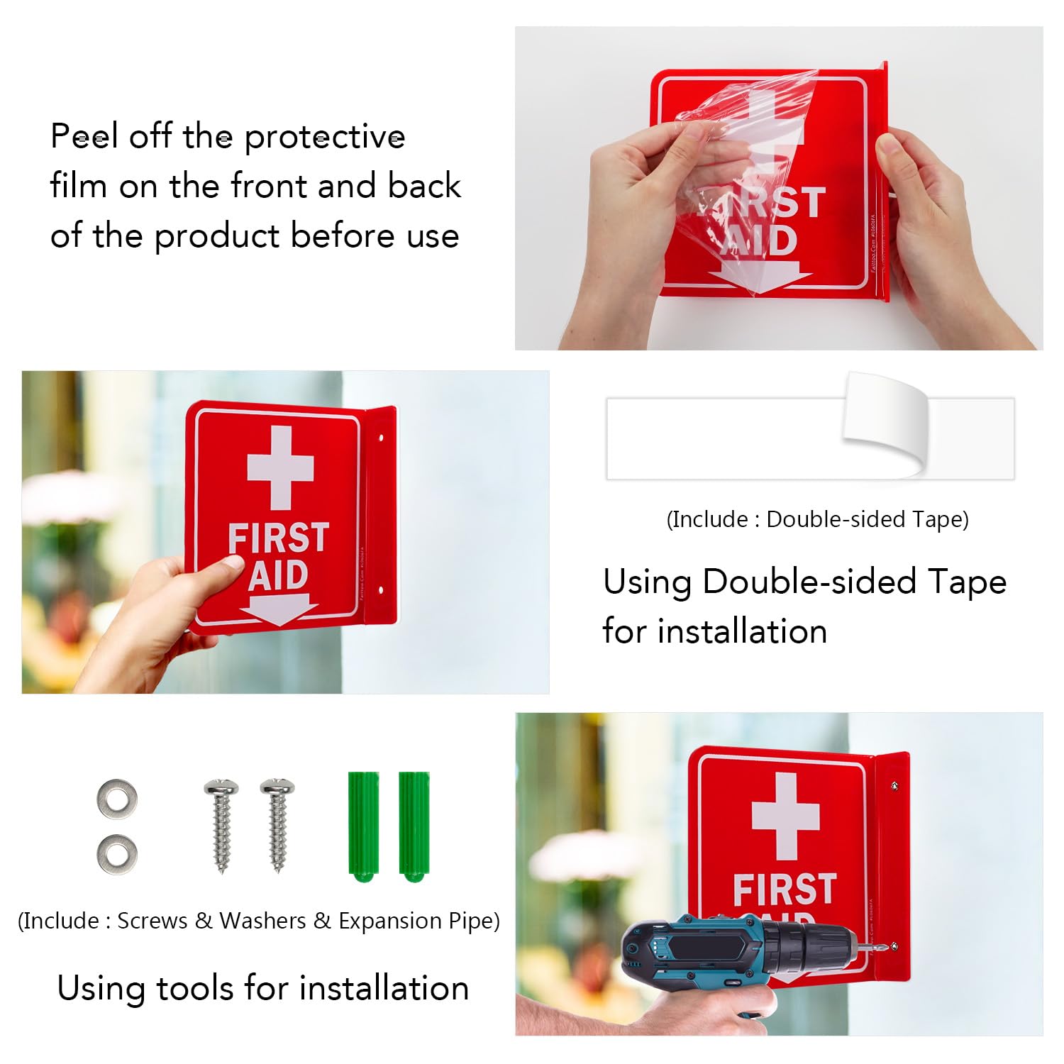 Faittoo First Aid Sign, 2 Pack First Aid with Cross Symbol - 6 x 6 Inches Acrylic Plastic, 2 Pre-Drilled Holes, Includes Matching Screws, Use for Home Office/Business