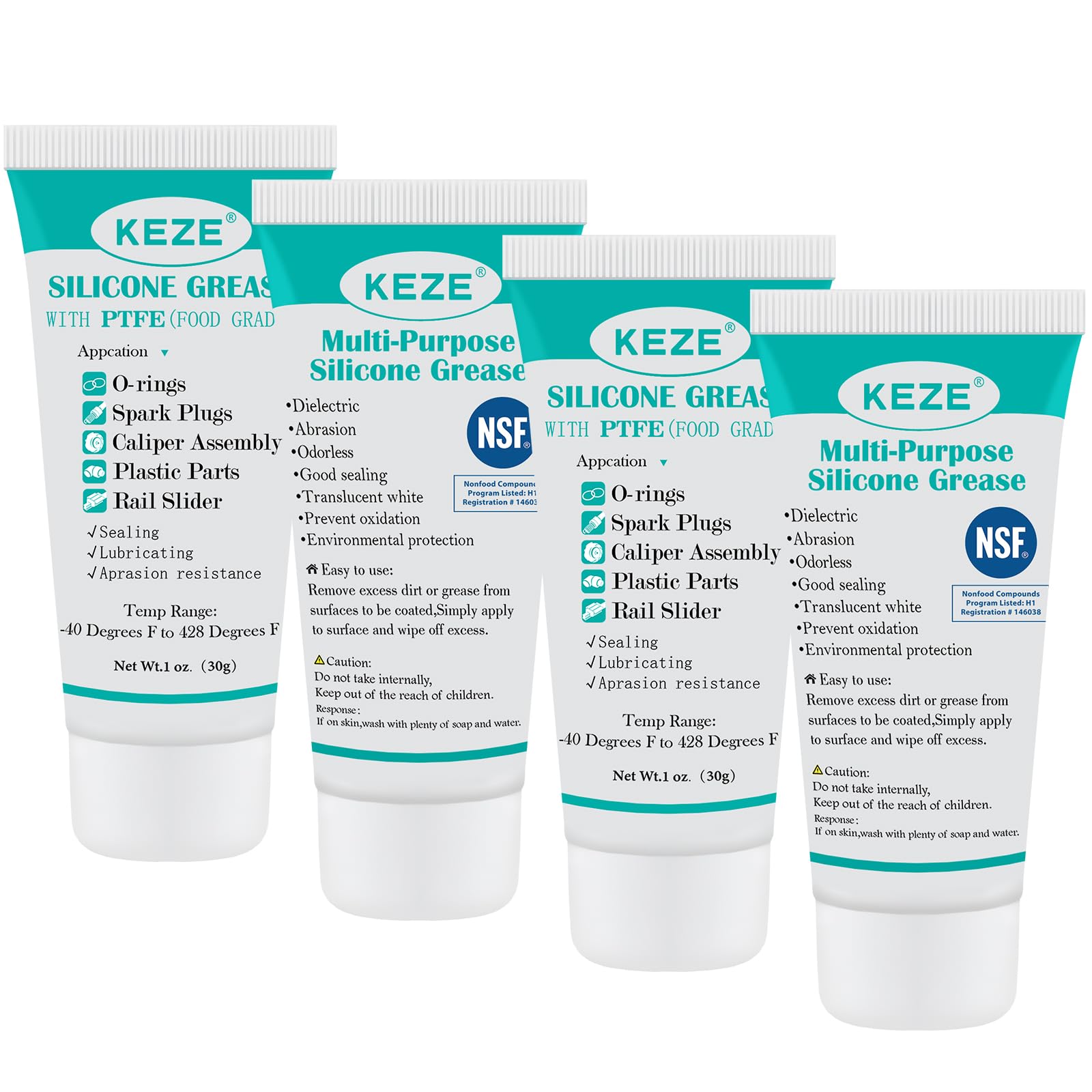 KEZE Silicone Grease Tube PTFE Synthetic Lubricant Sliding Door Grease Automotive Lubrication RV Toilet Seal Lubricant for Plumbing Faucet O Rings Plastic Parts Rubber Seal 1 oz 4-Tube