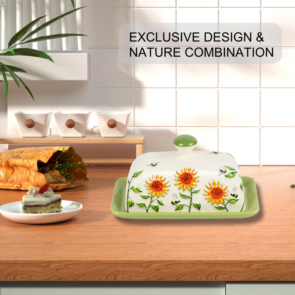 Butter Dish with Lid for Countertop, Sunflower Butter Keeper Holder, 7.5”x4.3” Large Ceramic Butter Tray Storage Sunflower Decor Mother's Day Gifts