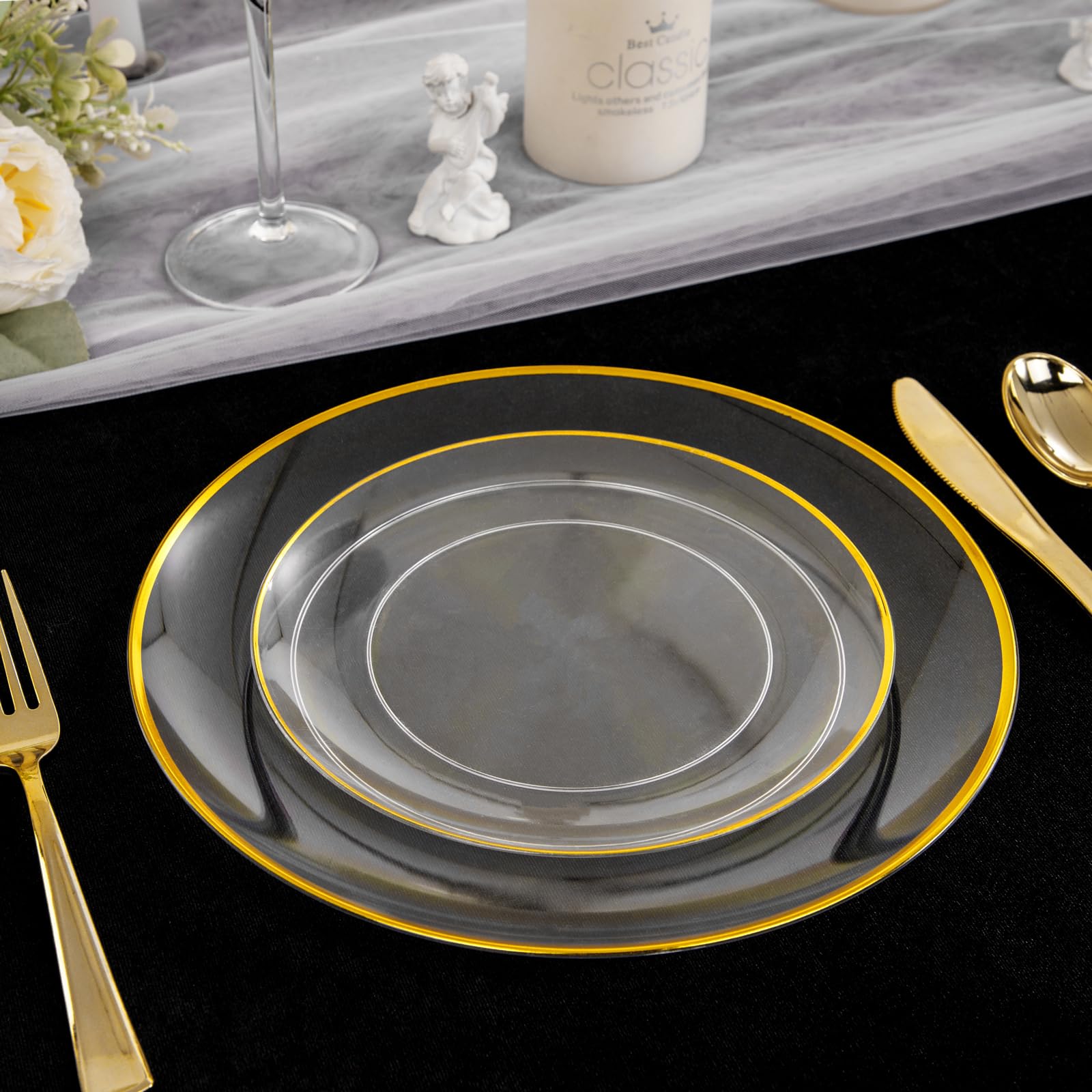 LIYH 60 Pcs Clear and Gold Plastic Plates Heavy Duty Clear Disposable Plates for Party Gold Plastic Plate for Wedding Birthday Include 30 Dinner 30 Dessert Plate