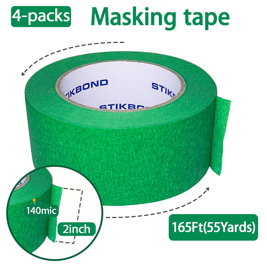 STIKBOND 4-Packs Green Painters Tape 2inch x 55 Yards (220 Total Yards), Medium Adhesive Green Masking Tape for wall Painting, Furniture Painting, DIY Handmade Decoration