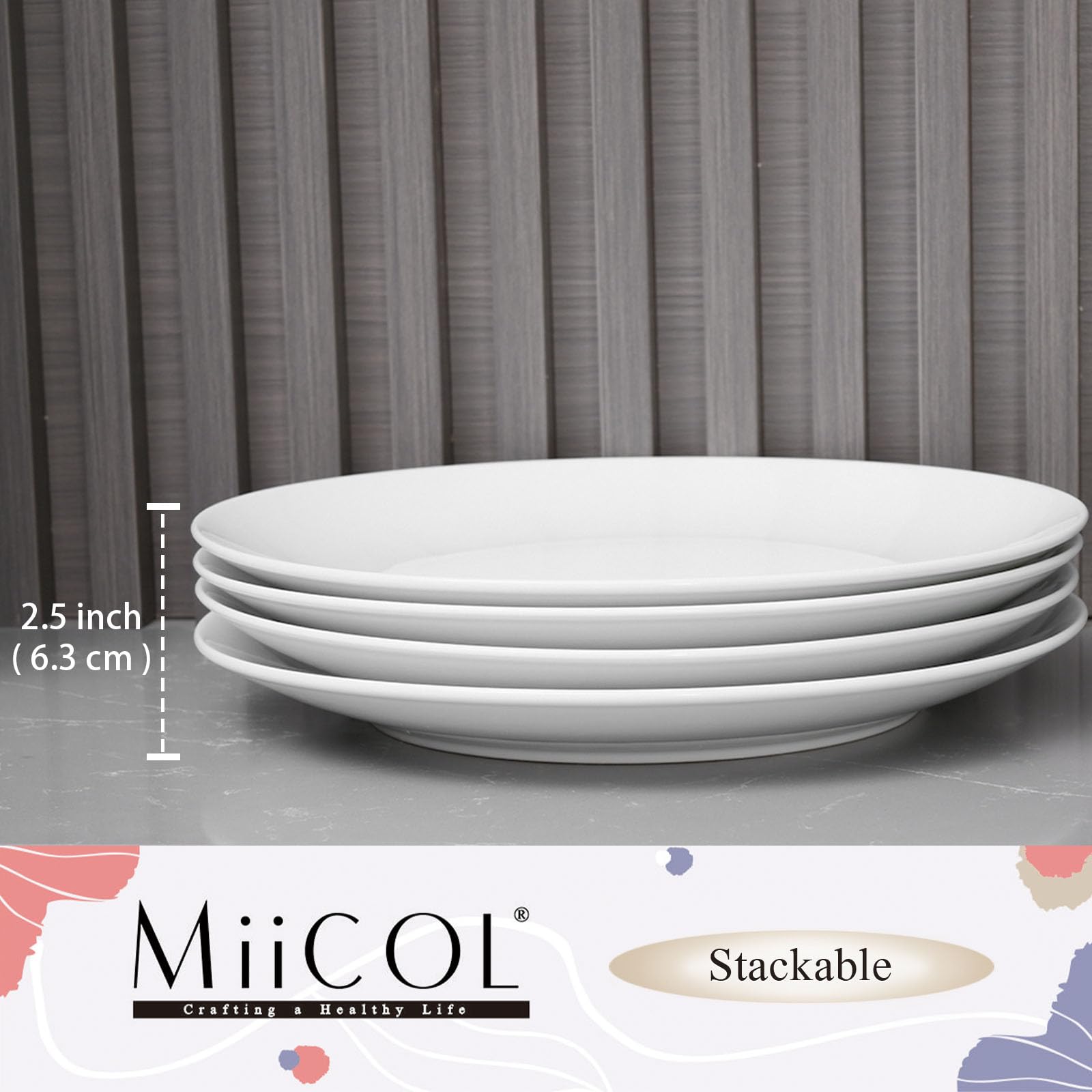 Miicol Ceramic Dinner Plates Set of 4, Large Salad Plate 10.5 inch / 27 cm, White Flat Dish, Porcelain Serving Dishes for Pasta, Steak, Dessert, Microwave and Dishwasher Safe, Scratch Resistant