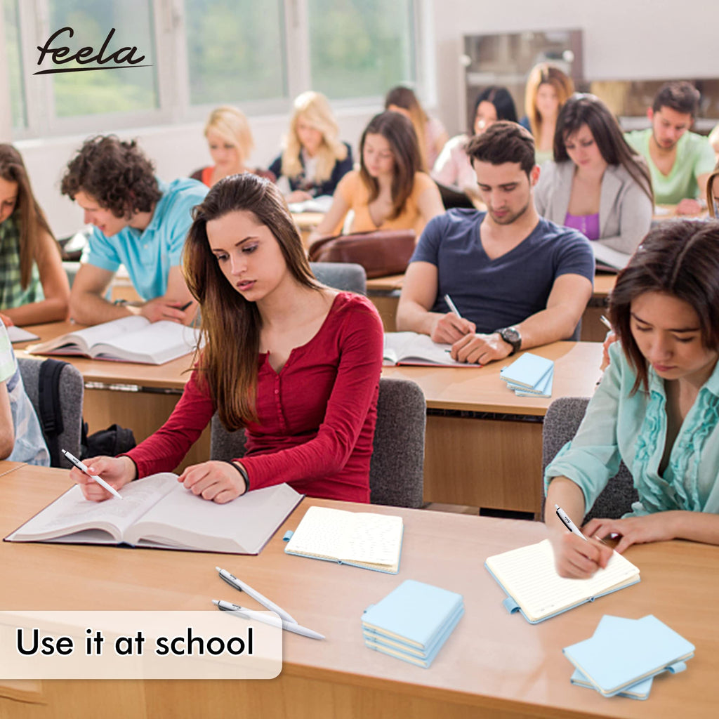 feela 6 Pack Pocket Mini Notebooks Bulk, Small Cute Memo Notepads Hardcover College Ruled Lined Journals with Pen Holder for School Business Work, with 6 Black Pens, 3.5”x 5.5”, A6, Light Blue