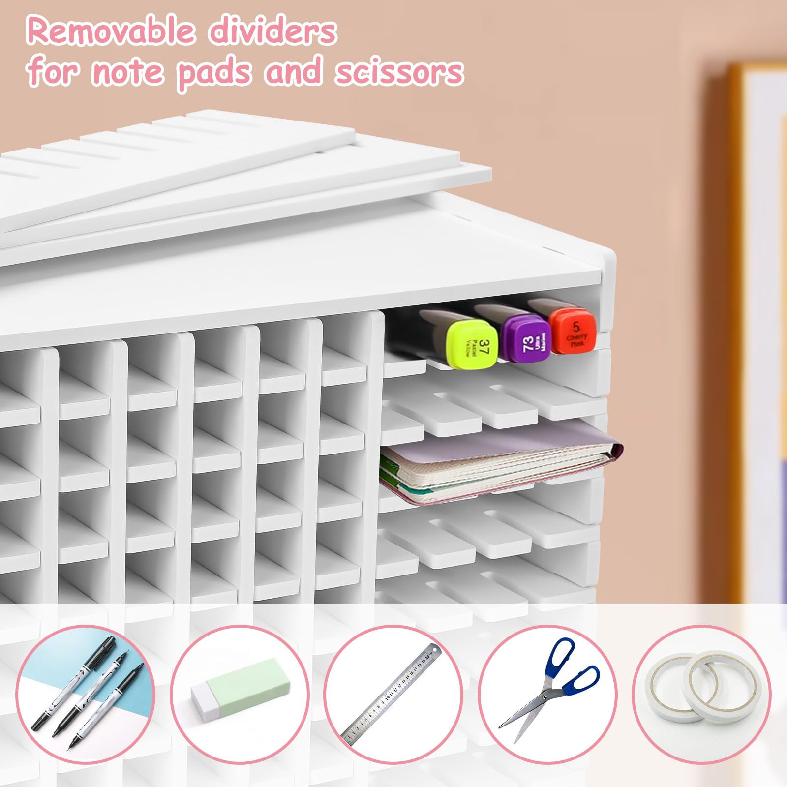 SelWatty Marker Organizer, Hold 180 Markers, With Removable Partition, Pencil Storage Organizer, Holds Stationery such as Scissors, Sticky Notes, Tape, Desk Accessories for Home School (180 Holes)