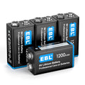 EBL 4 Pack 9V Li-th-ium Metal Batteries, 1200mAh Performance Capacity, Long Lasting, High Power, Light Weight, Non-Rechargeable