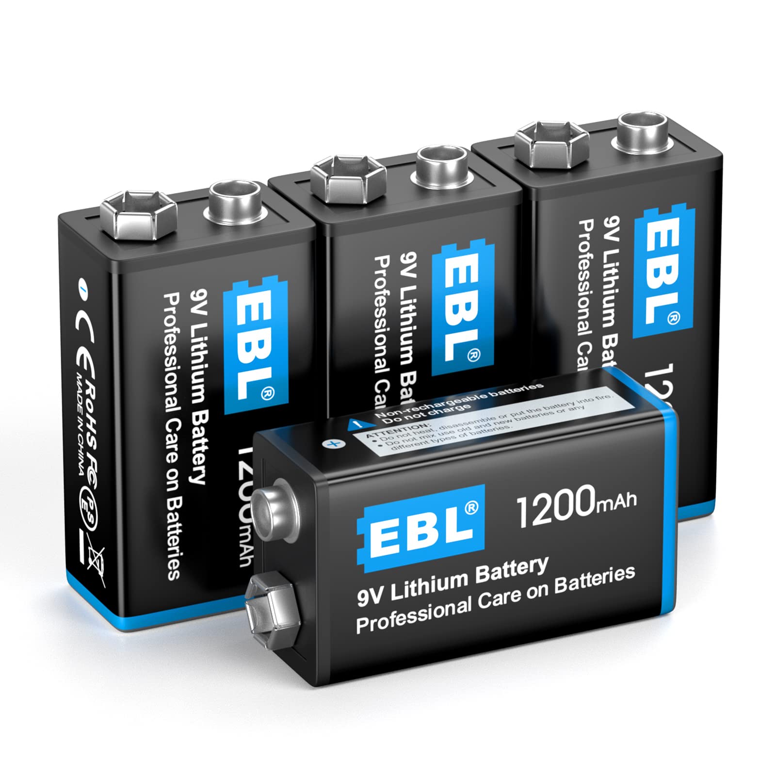 EBL 4 Pack 9V Li-th-ium Metal Batteries, 1200mAh Performance Capacity, Long Lasting, High Power, Light Weight, Non-Rechargeable
