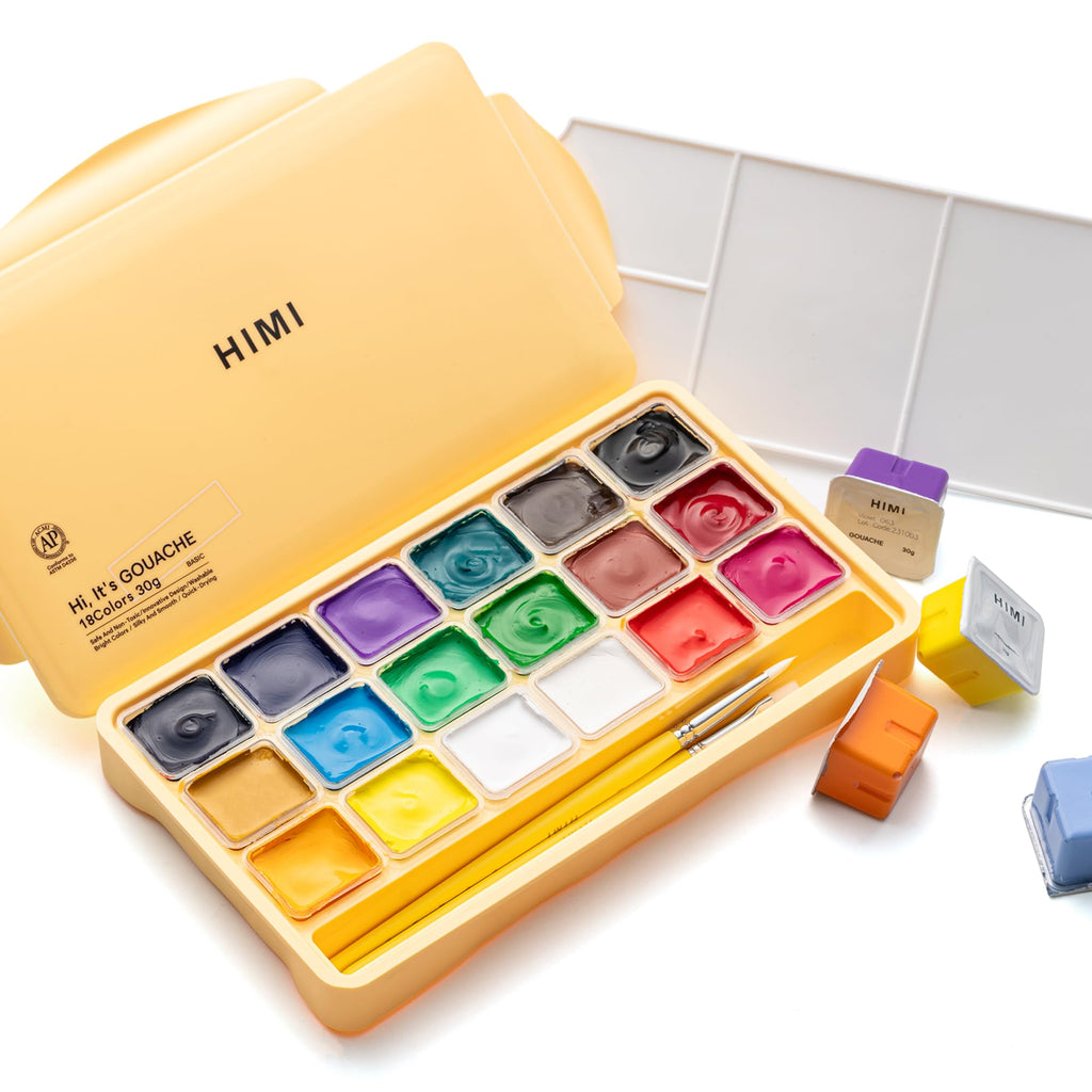 HIMI Gouache Paints set, 18 Colors, 30ml, 18 US fl oz, Non Toxic Paint for Canvas and Paper, Art Supplies for Professionals, Student, Kids and More (Yellow)