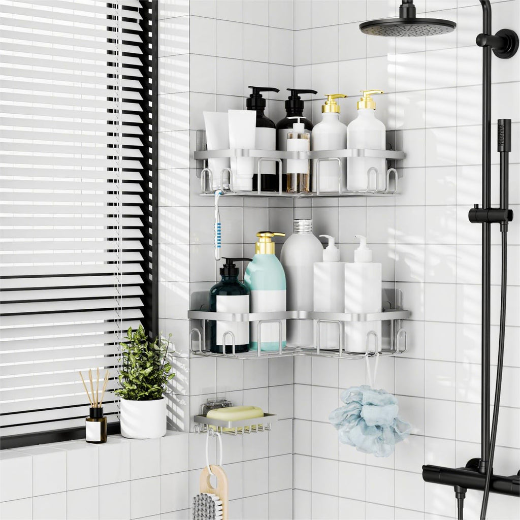 MOFOROCO 3-Pack Shower Caddy Corner Basket Shelf with Soap Holder, No Drilling Traceless Adhesive Shower Wall Shelves, Rustproof Black Bathroom Shower Storage Organizer