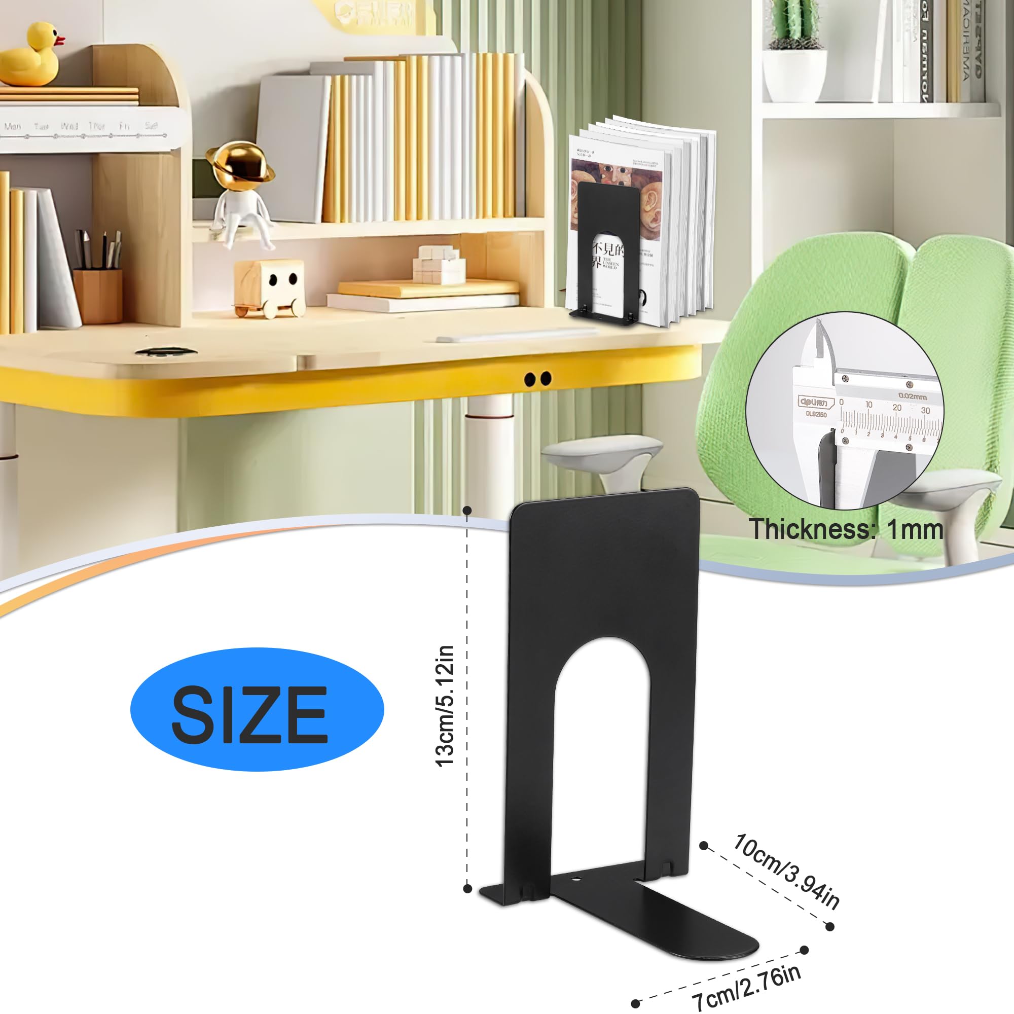 JIANTA Book Ends, Bookends for Shelves, Heavy Duty Metal Bookends, Black Non-Skid Bookshelf Holder Stand for Home, Office, Library, School (4.9 x 3.7 x 2.6 in, 6 Pairs)