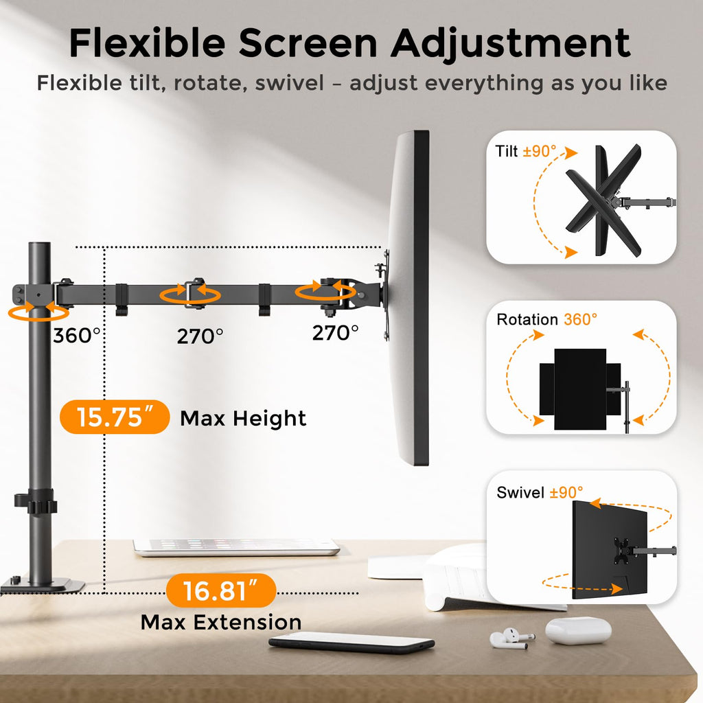Pholiten Single Monitor Arm,Single Monitor Desk Mount,Adjustable Monitor Mount for 32inch Screen,Holds Up to 22lbs,100x100 Vesa Monitor Stand