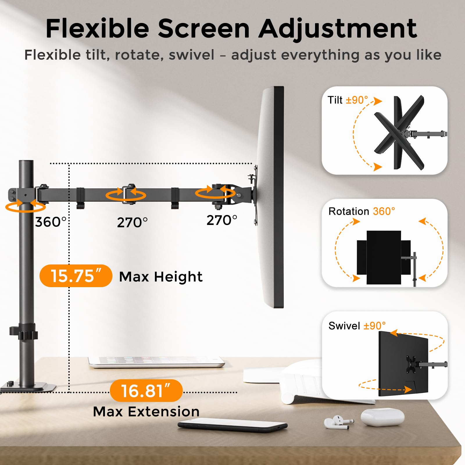 Pholiten Single Monitor Arm,Single Monitor Desk Mount,Adjustable Monitor Mount for 32inch Screen,Holds Up to 22lbs,100x100 Vesa Monitor Stand
