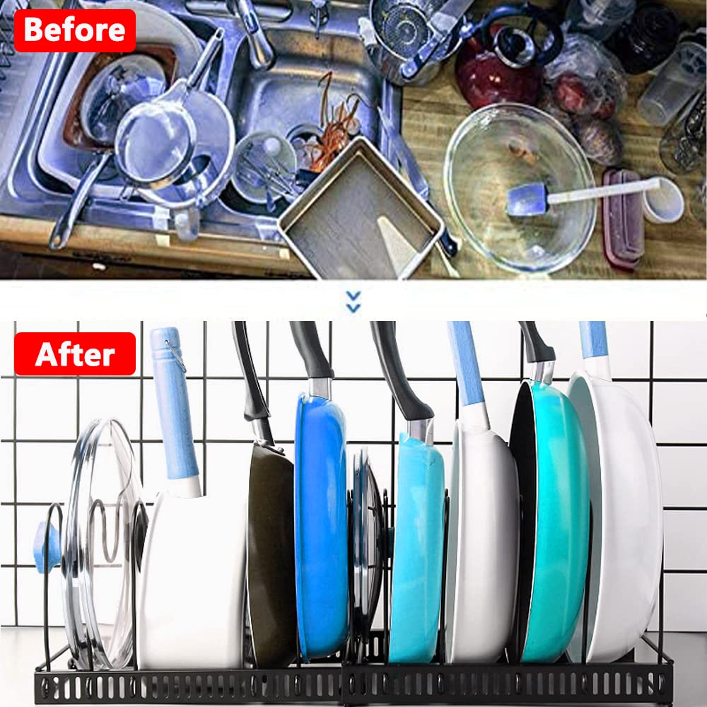 Expandable Pans and Pots Organizer Rack Pot Pan Lid Black Holder for Kitchen Cupboard Cabinet Storage Bakeware Saucepan with 10 Adjustable Dividers (black)